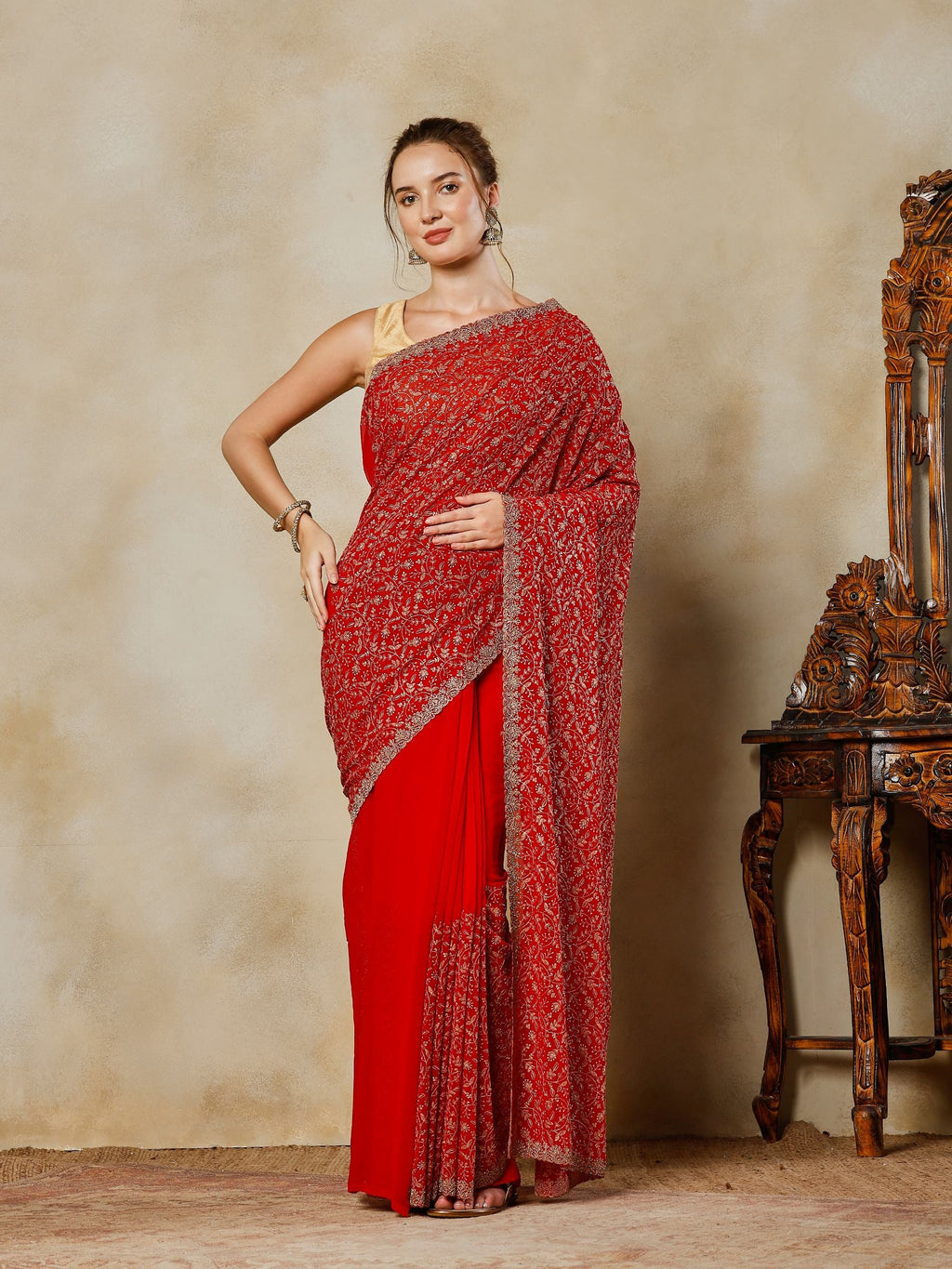 Red Embroidered Georgette Saree