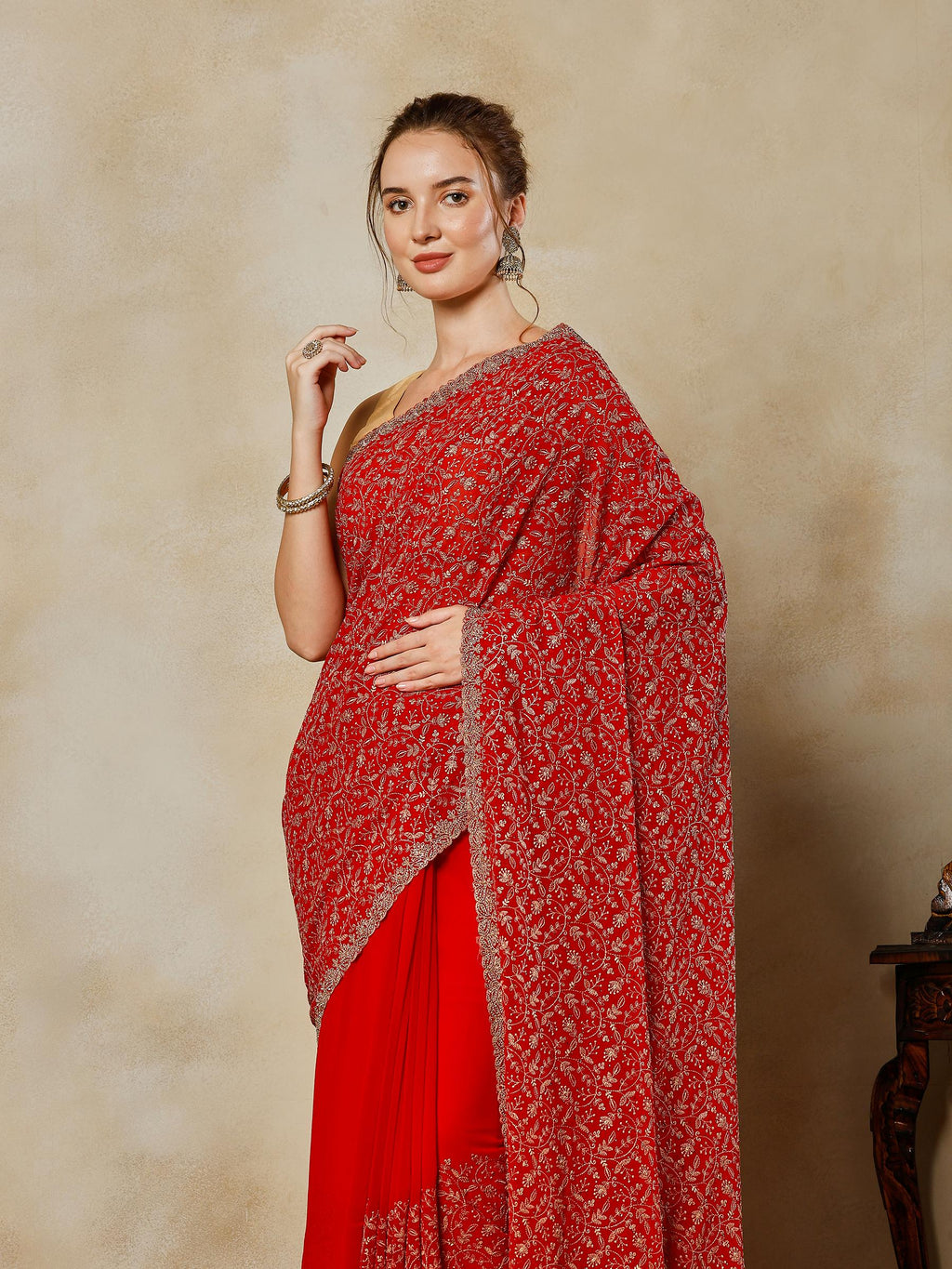 Red Embroidered Georgette Saree