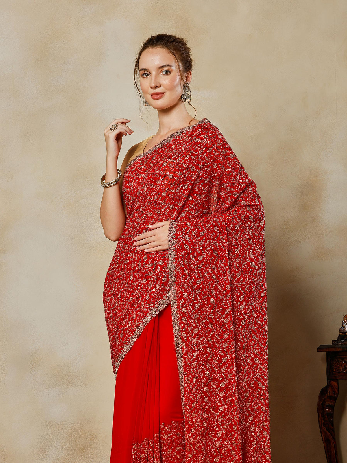 Red Embroidered Georgette Saree