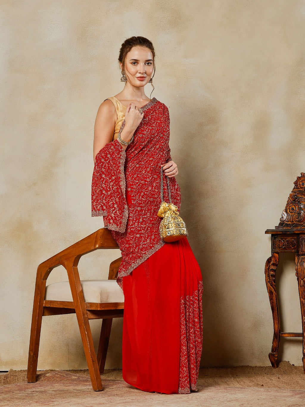 Red Embroidered Georgette Saree