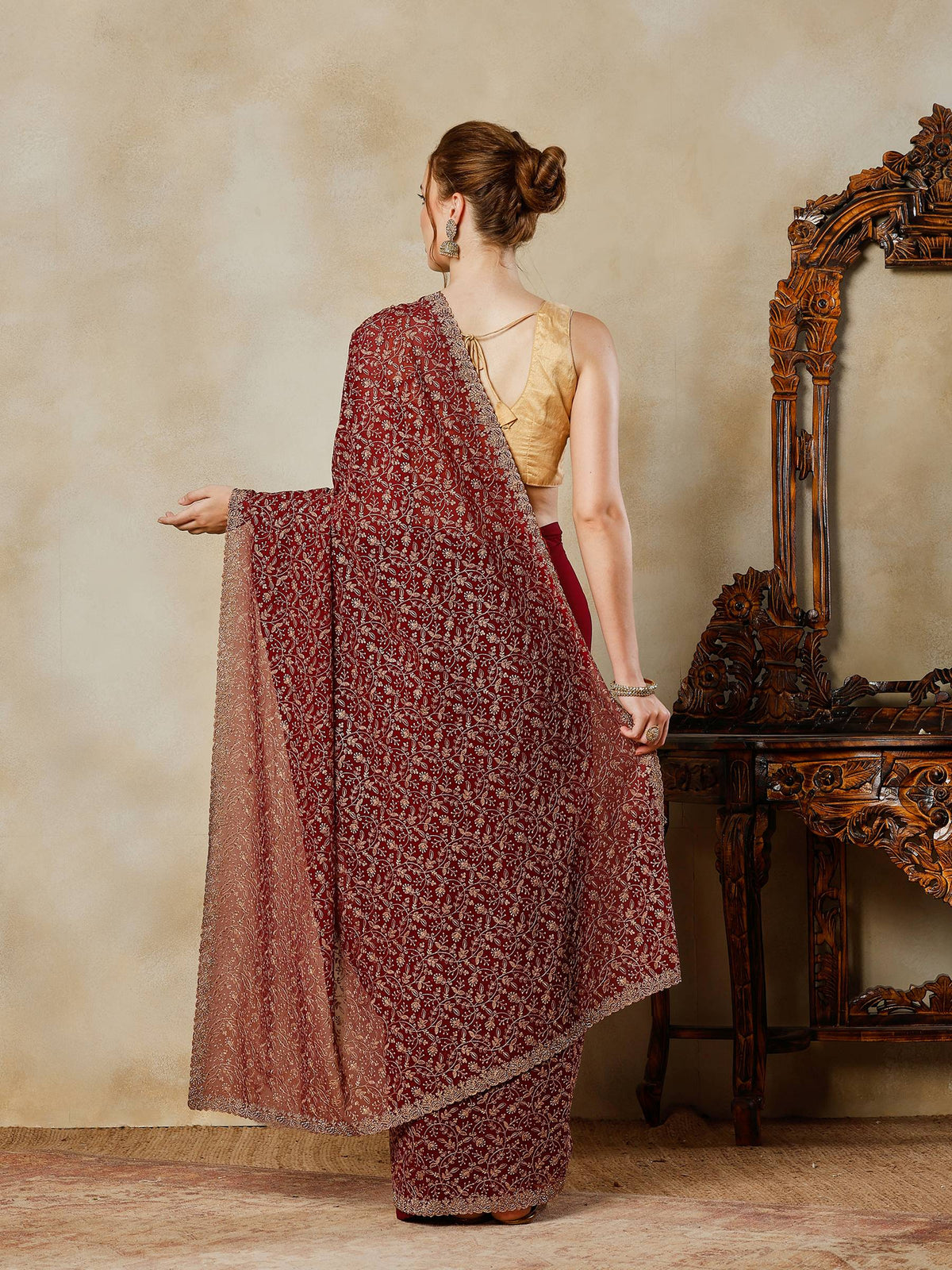 Wine Embroidered Georgette Saree