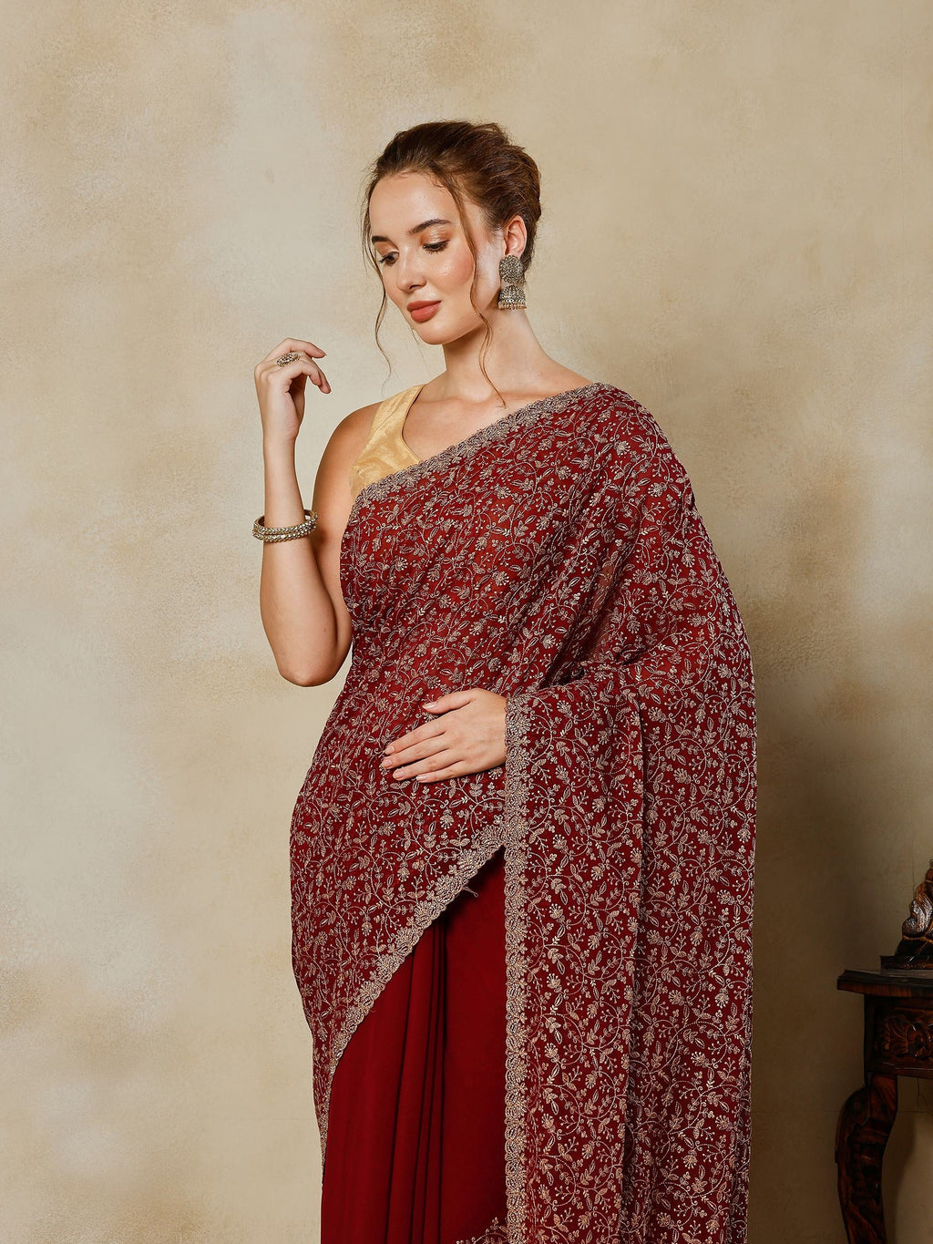 Wine Embroidered Georgette Saree