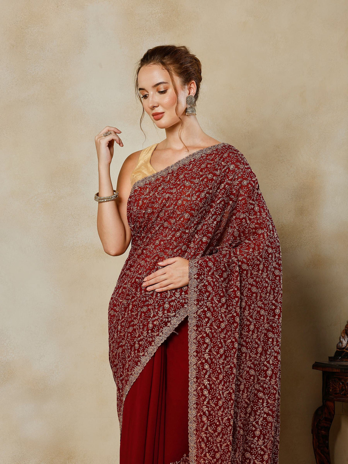 Wine Embroidered Georgette Saree