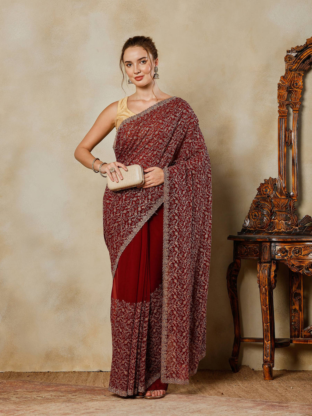 Wine Embroidered Georgette Saree