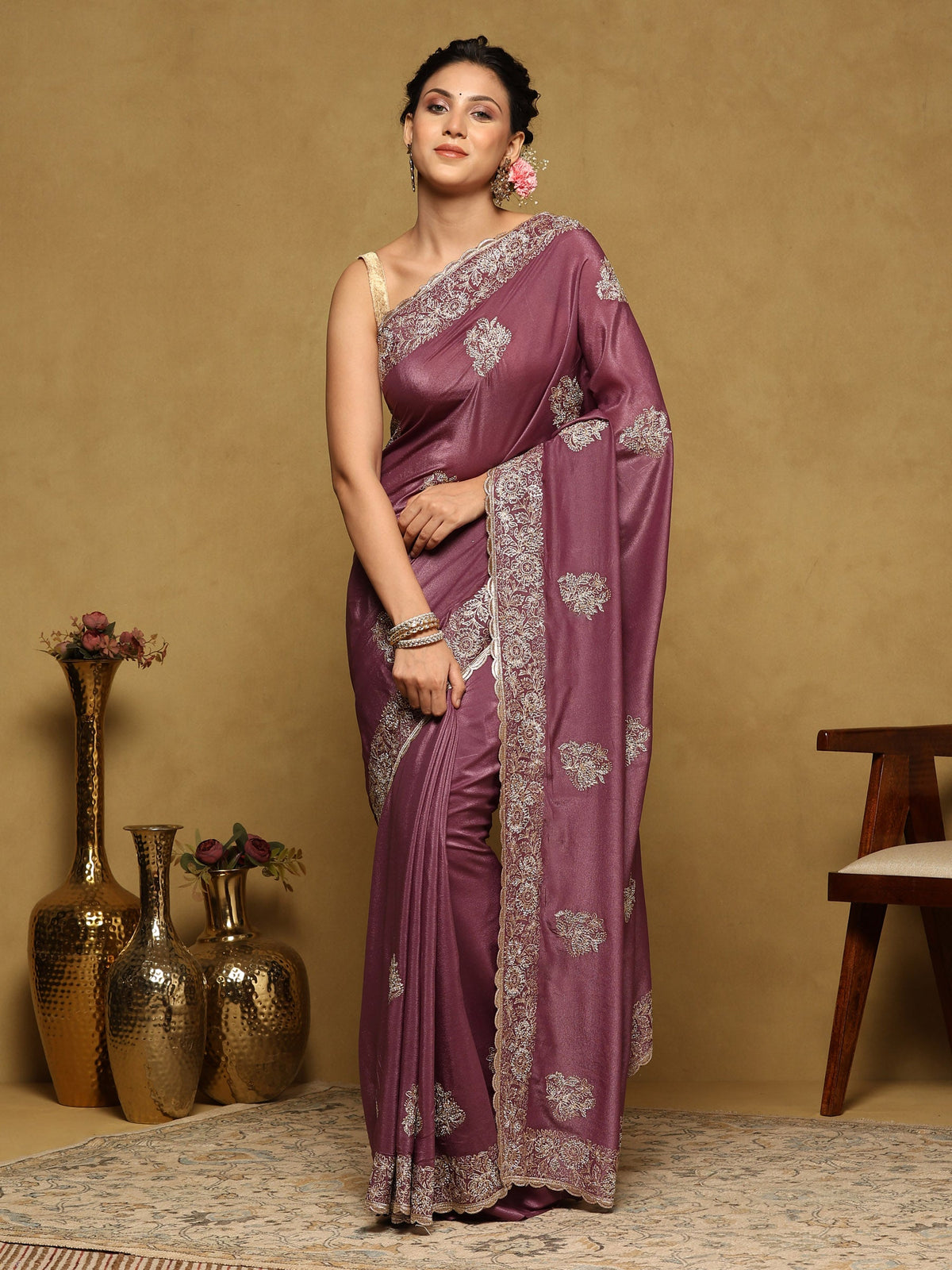 Lavender Embroidered Organza Saree