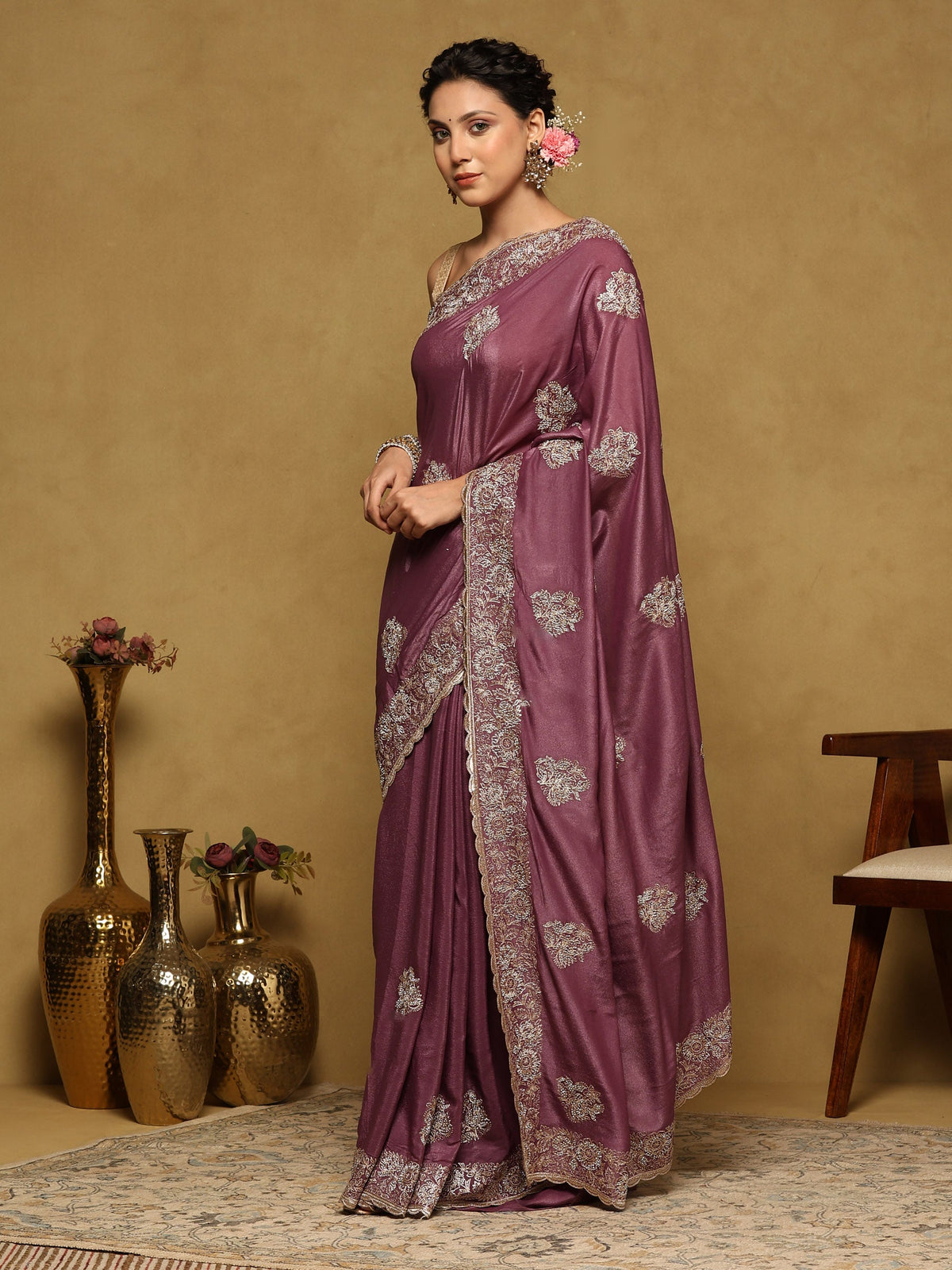 Lavender Embroidered Organza Saree