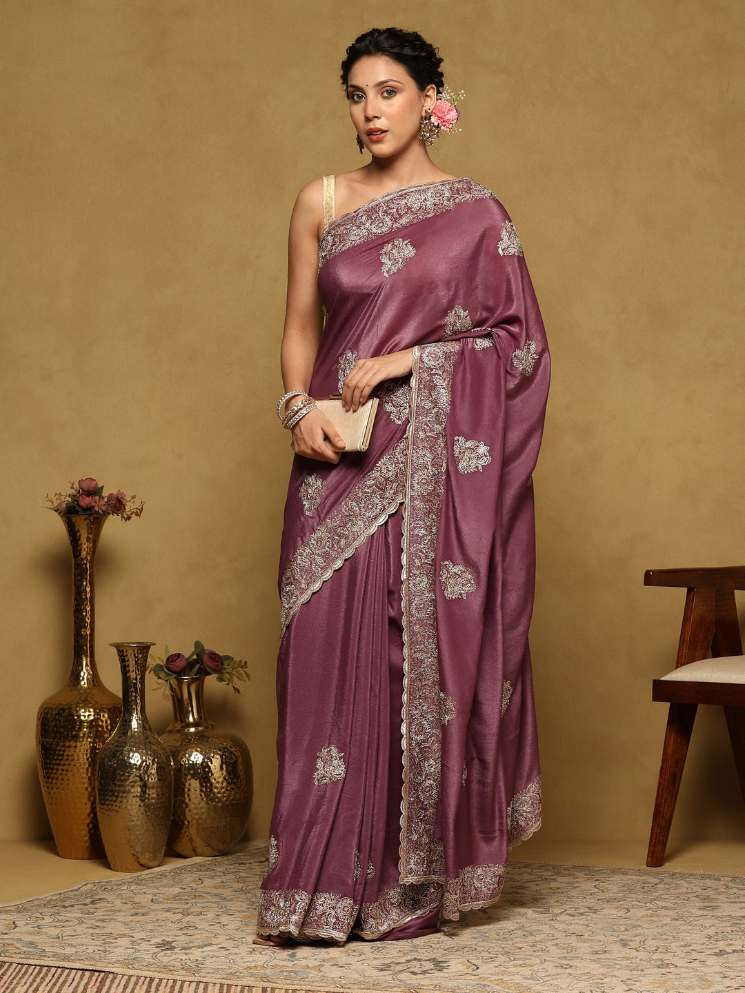 Lavender Embroidered Organza Saree