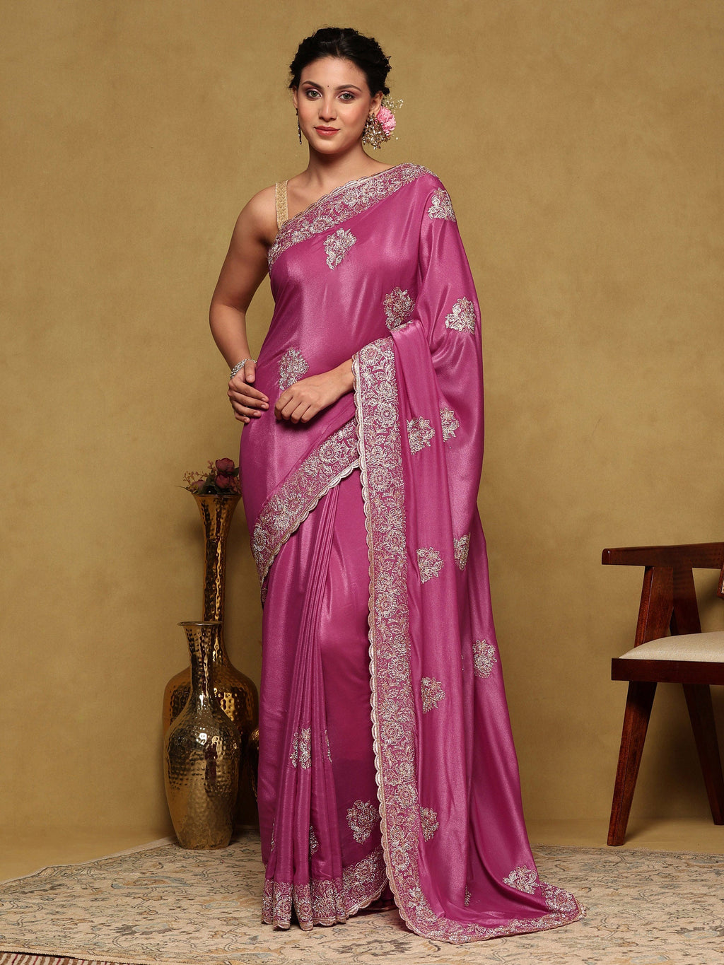 Mauve Embroidered Organza Saree
