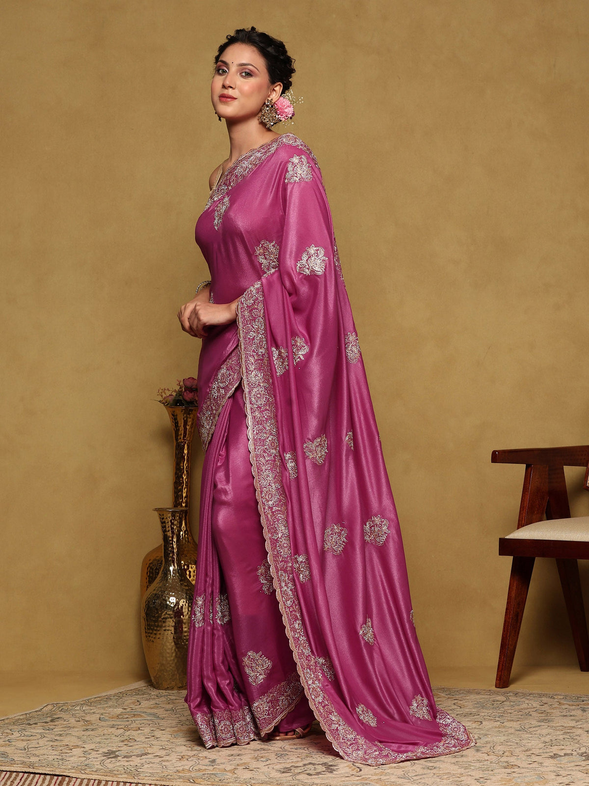 Mauve Embroidered Organza Saree