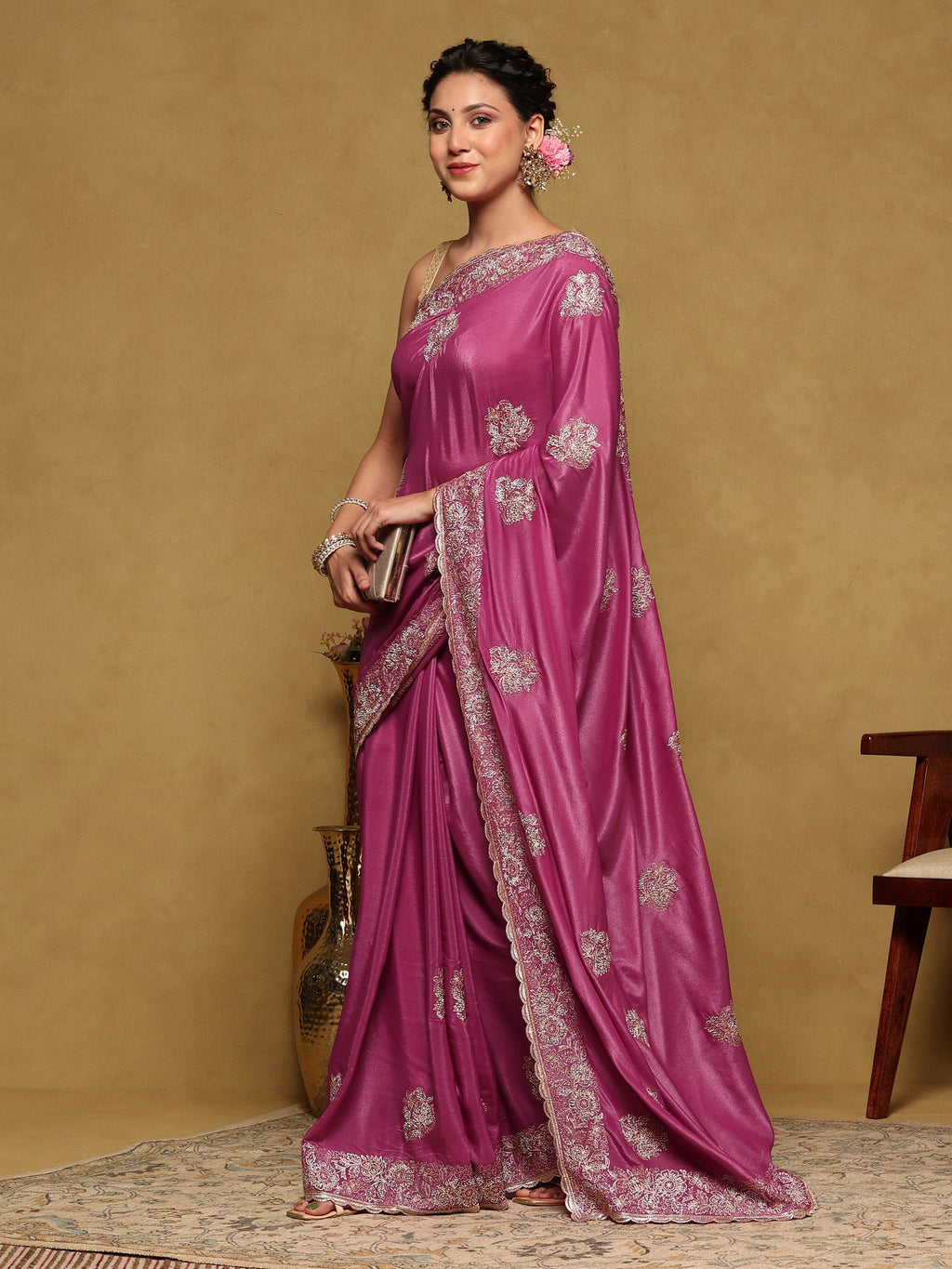 Mauve Embroidered Organza Saree