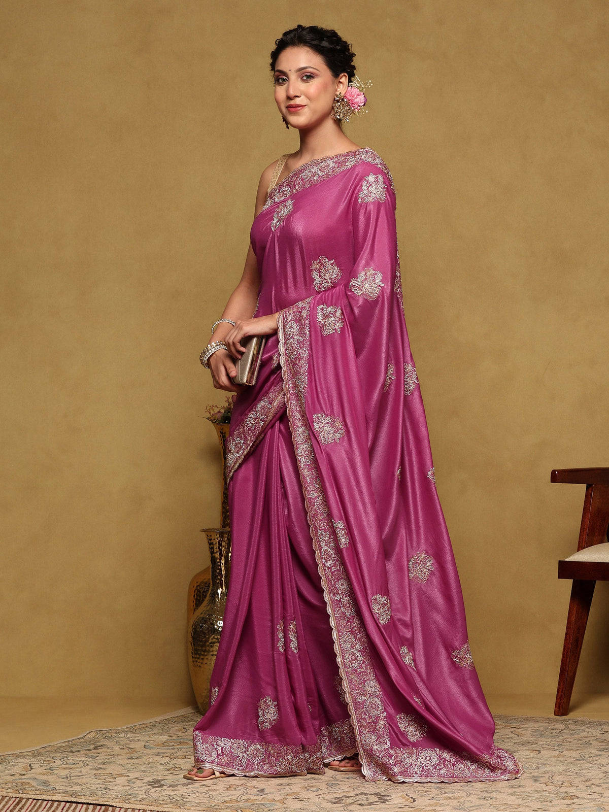 Mauve Embroidered Organza Saree