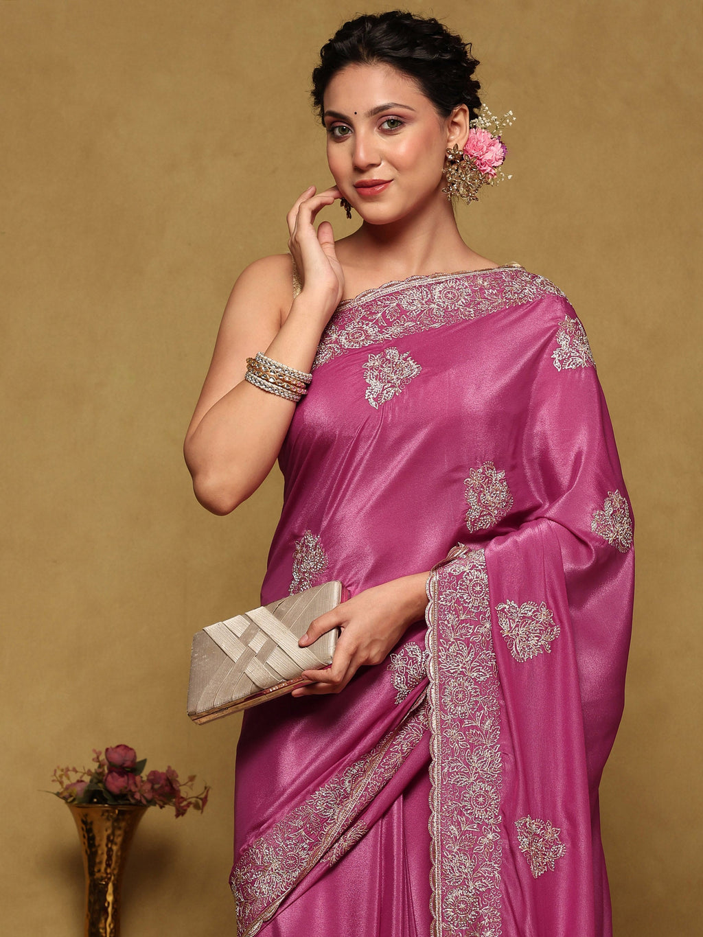 Mauve Embroidered Organza Saree
