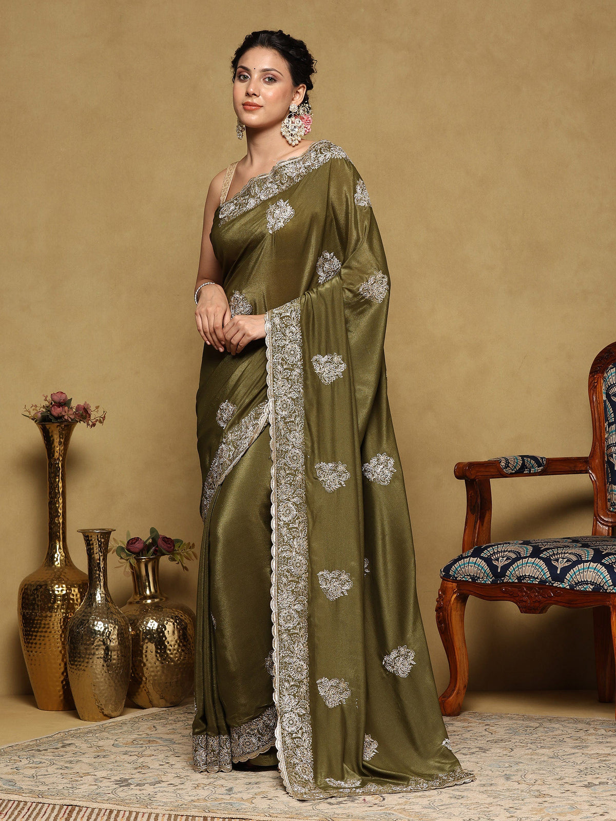 Mehndi Embroidered Organza Saree