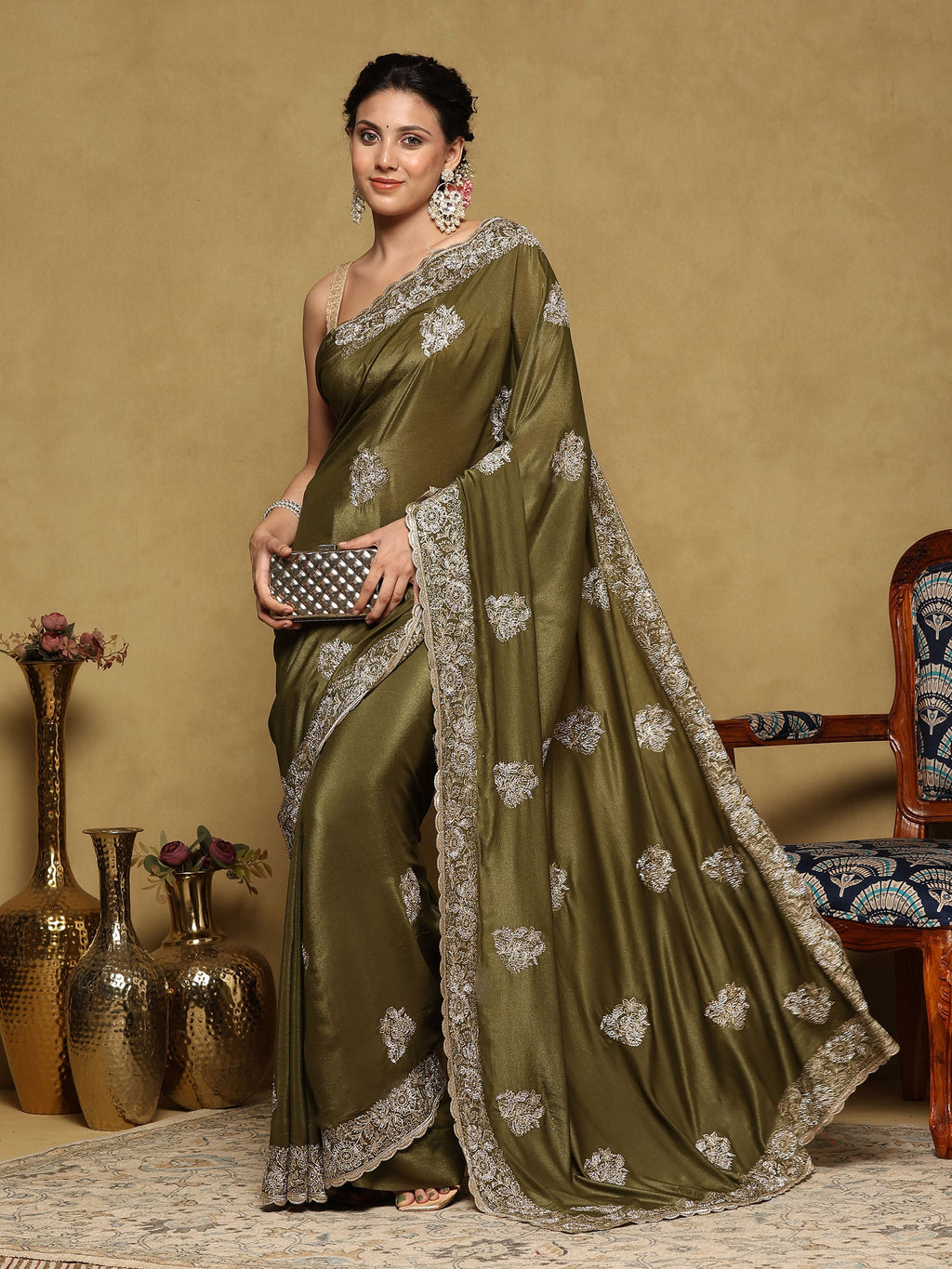 Mehndi Embroidered Organza Saree
