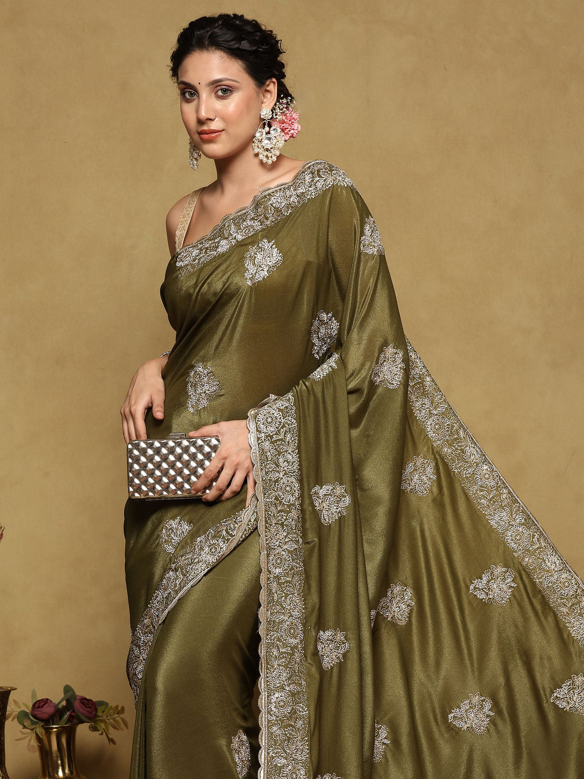 Mehndi Embroidered Organza Saree