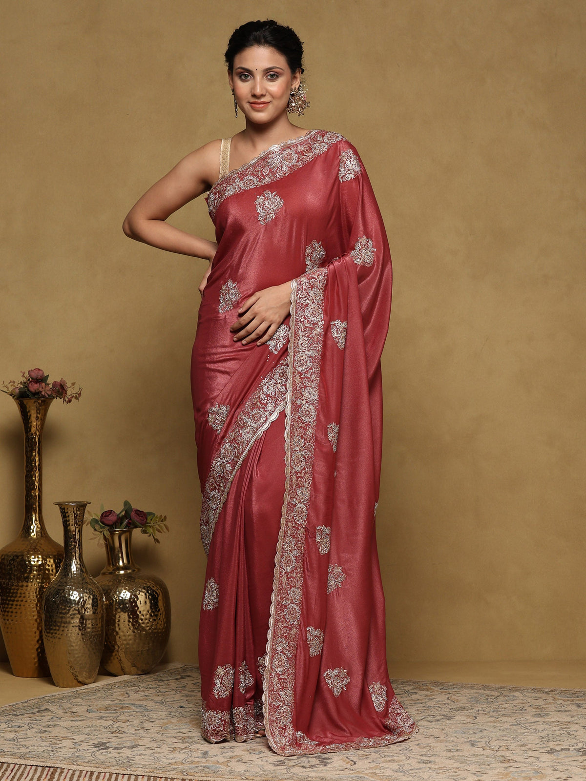 Onion Pink Embroidered Organza Saree