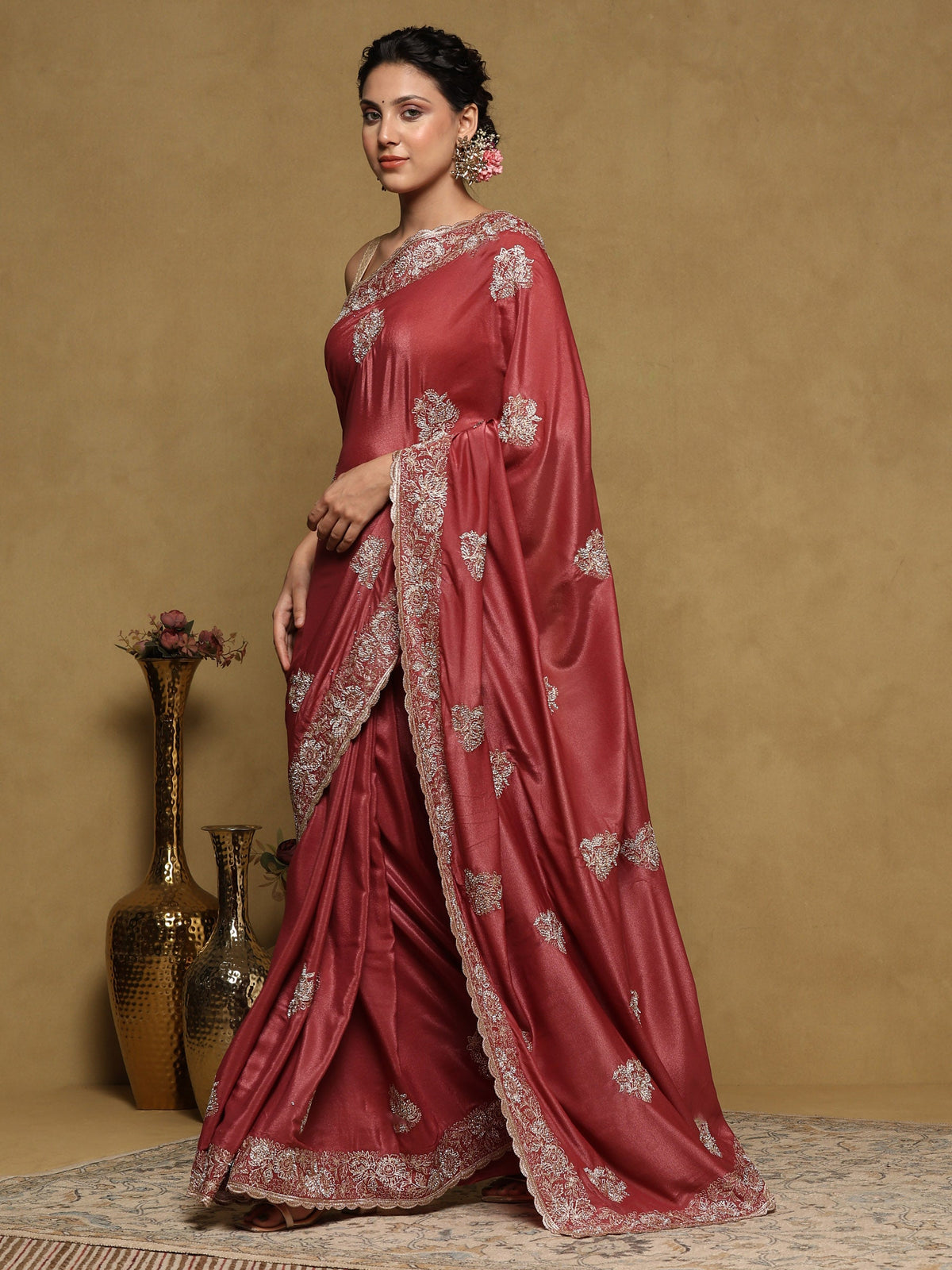 Onion Pink Embroidered Organza Saree