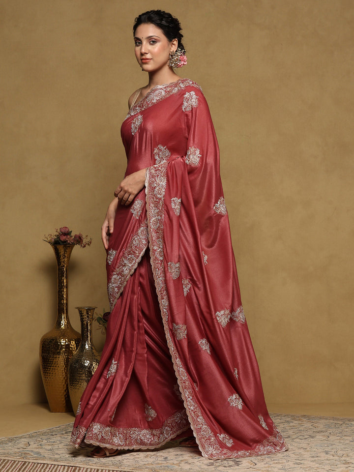 Onion Pink Embroidered Organza Saree