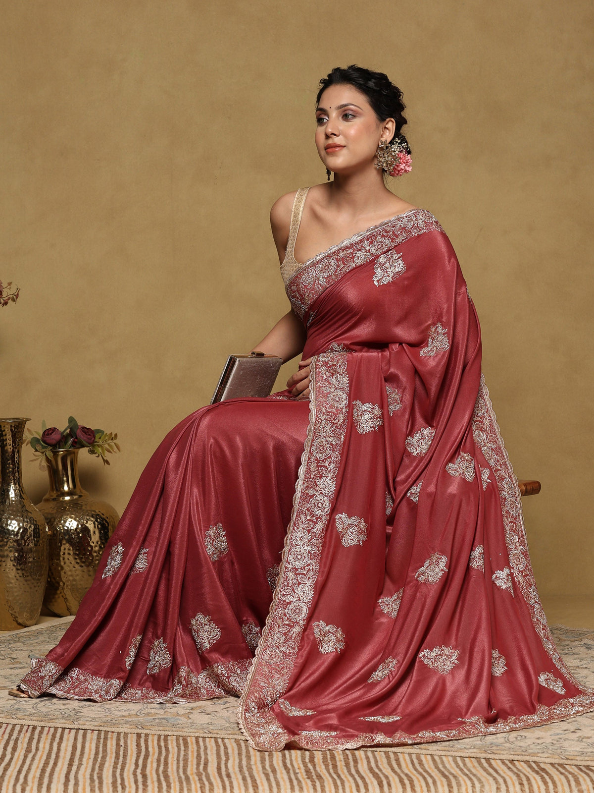 Onion Pink Embroidered Organza Saree