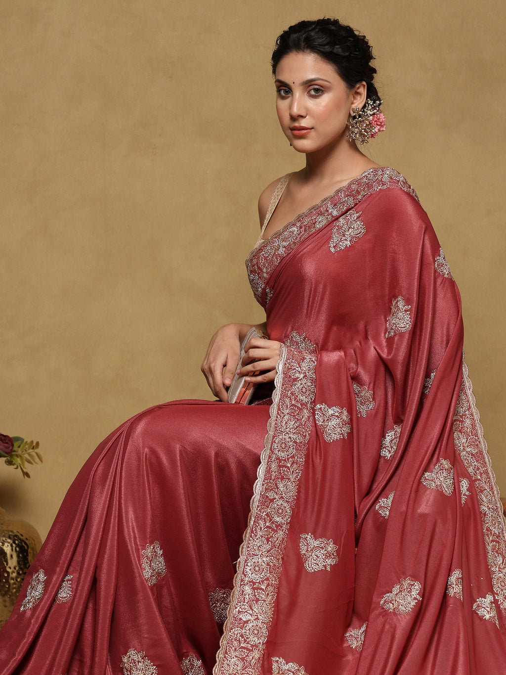 Onion Pink Embroidered Organza Saree
