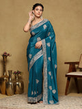 Teal Blue Embroidered Organza Saree