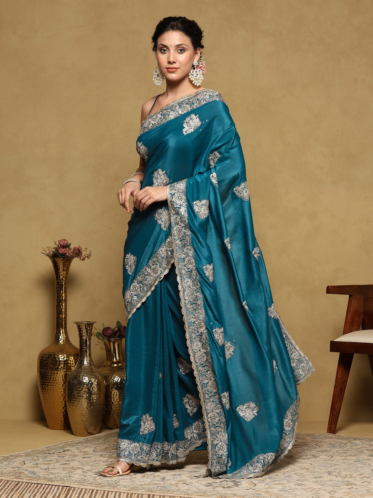 Teal Blue Embroidered Organza Saree