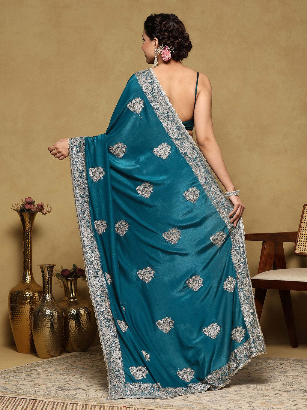 Teal Blue Embroidered Organza Saree