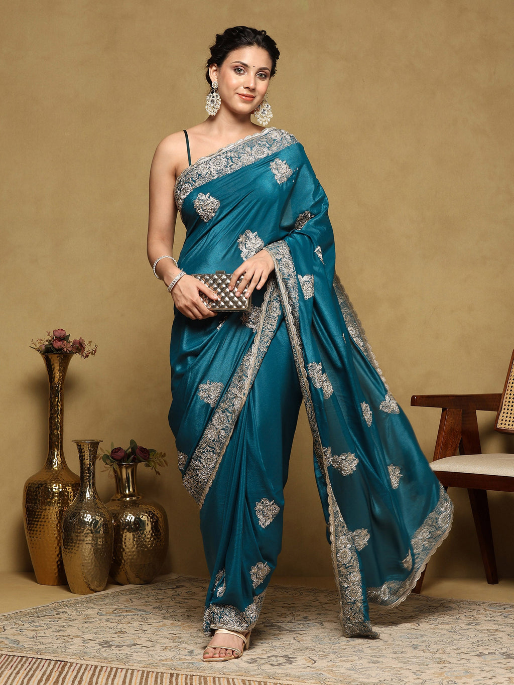 Teal Blue Embroidered Organza Saree