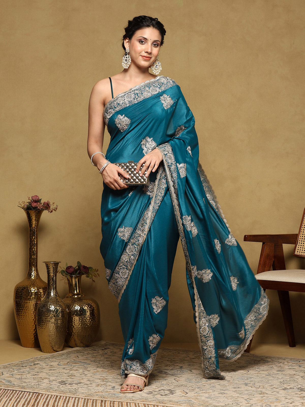 Teal Blue Embroidered Organza Saree