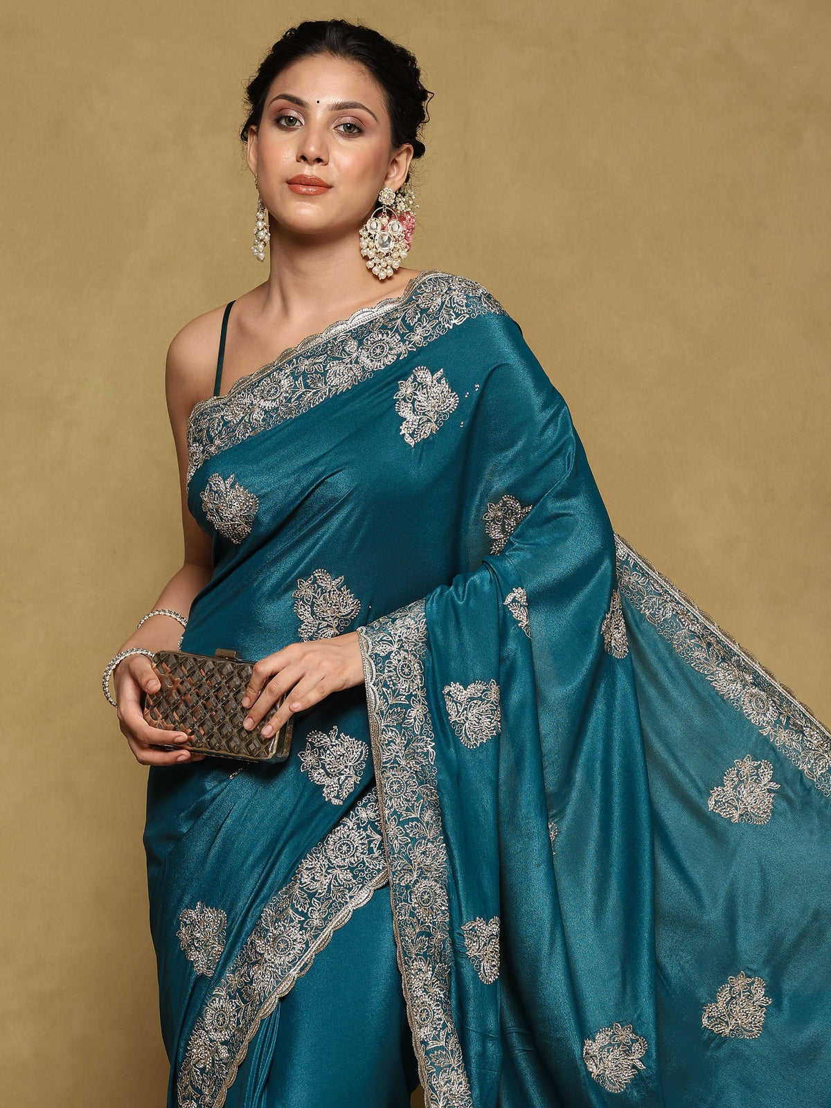 Teal Blue Embroidered Organza Saree