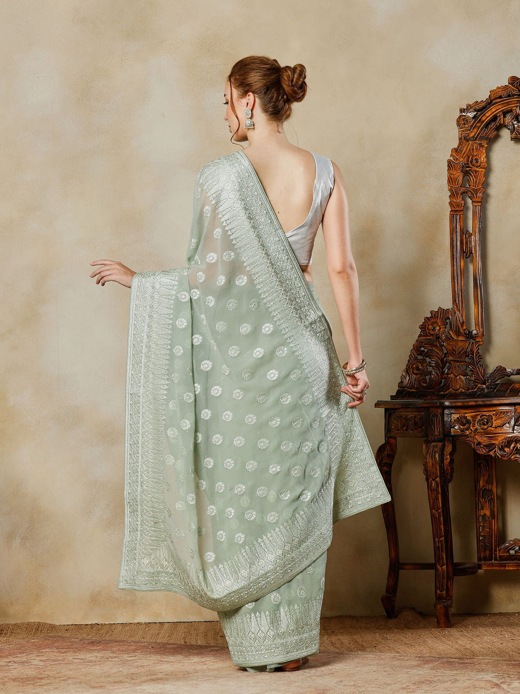 Aqua Green Embroidered Georgette Saree