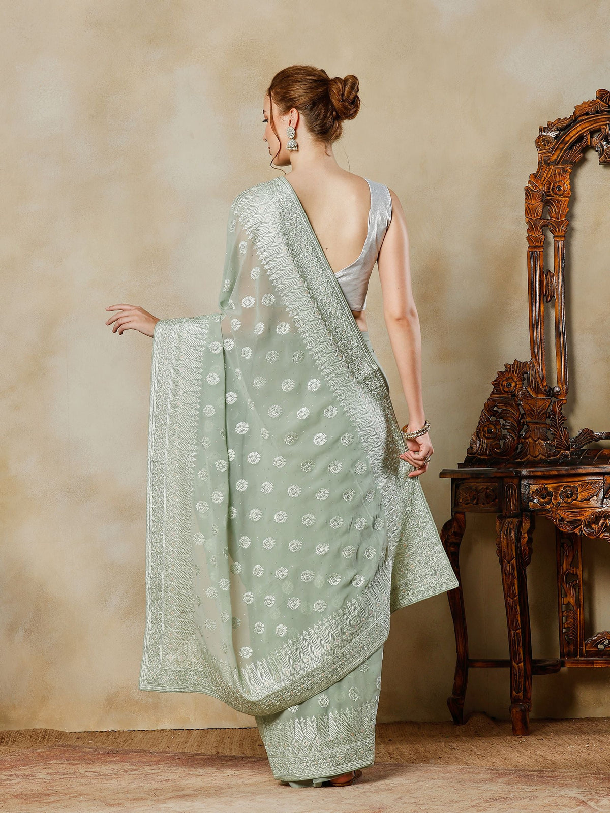 Aqua Green Embroidered Georgette Saree