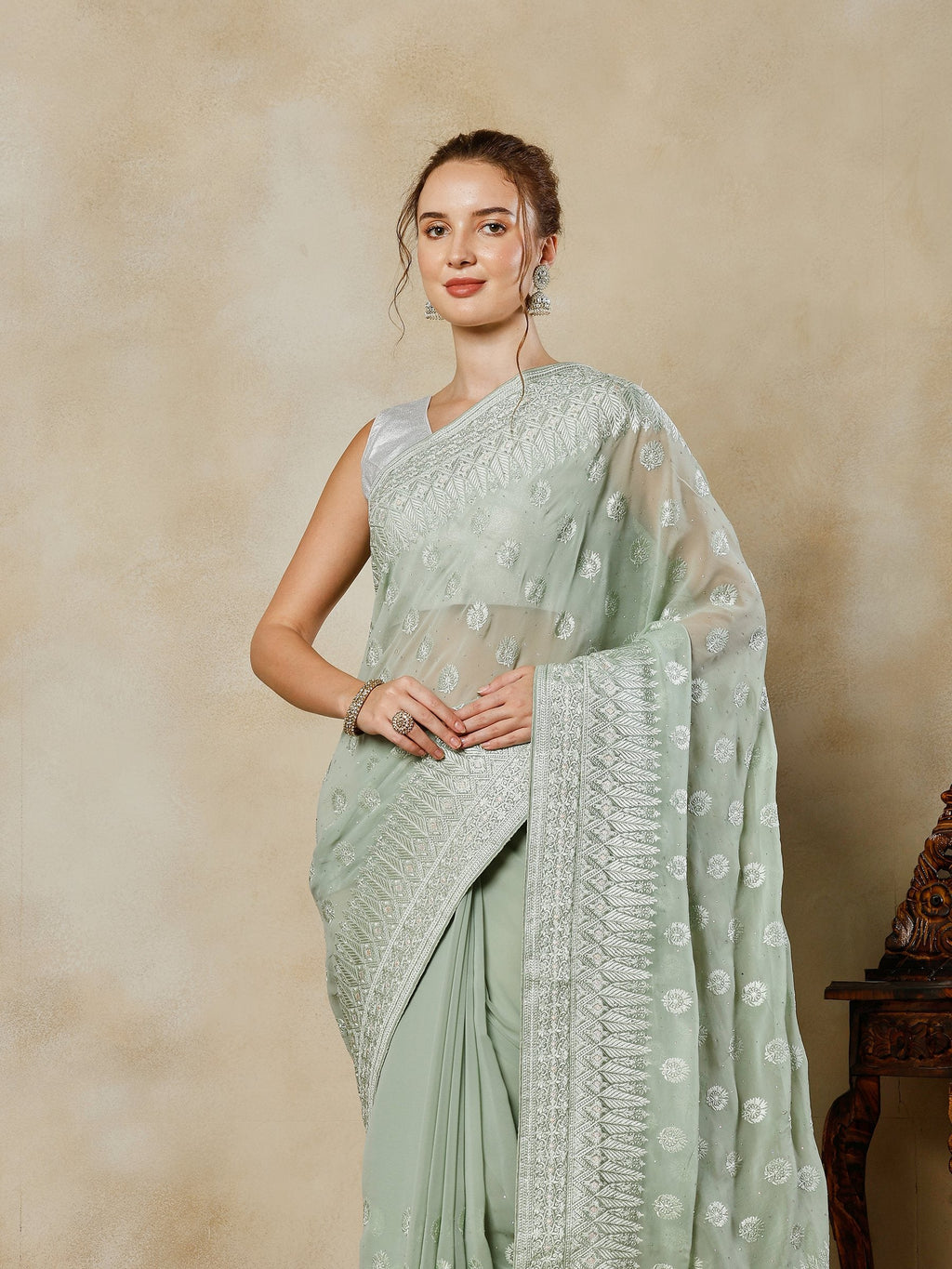 Aqua Green Embroidered Georgette Saree