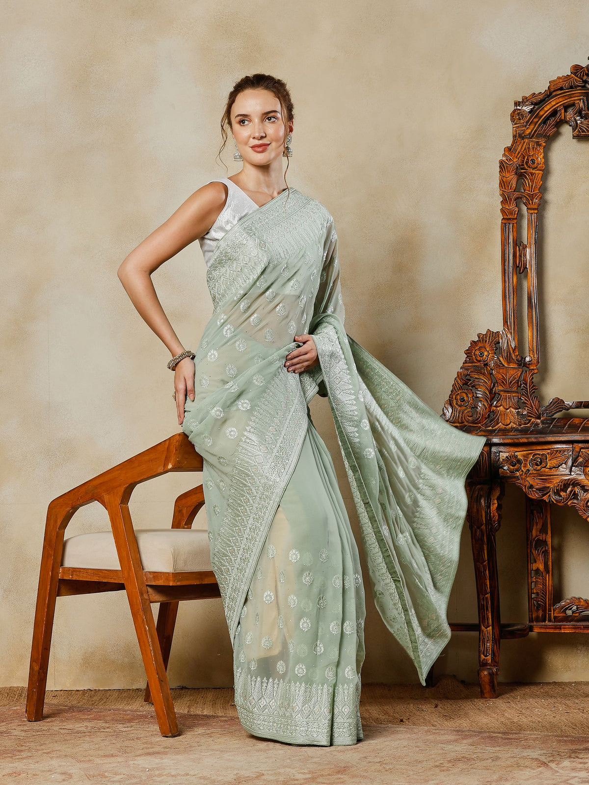 Aqua Green Embroidered Georgette Saree