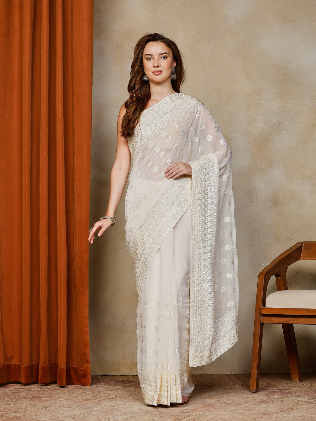 Cream Embroidered Georgette Saree