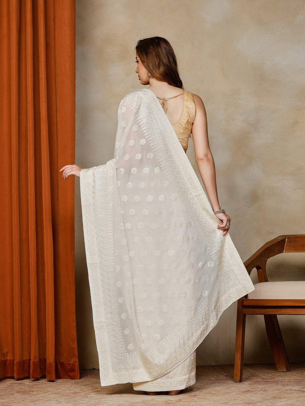 Cream Embroidered Georgette Saree