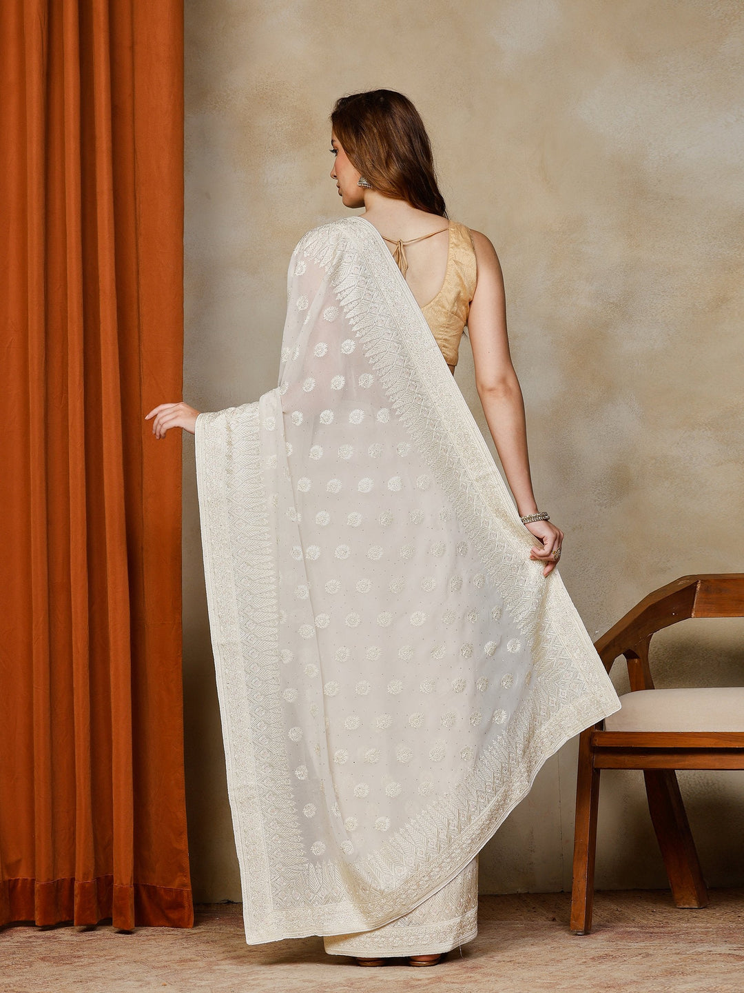 Cream Embroidered Georgette Saree