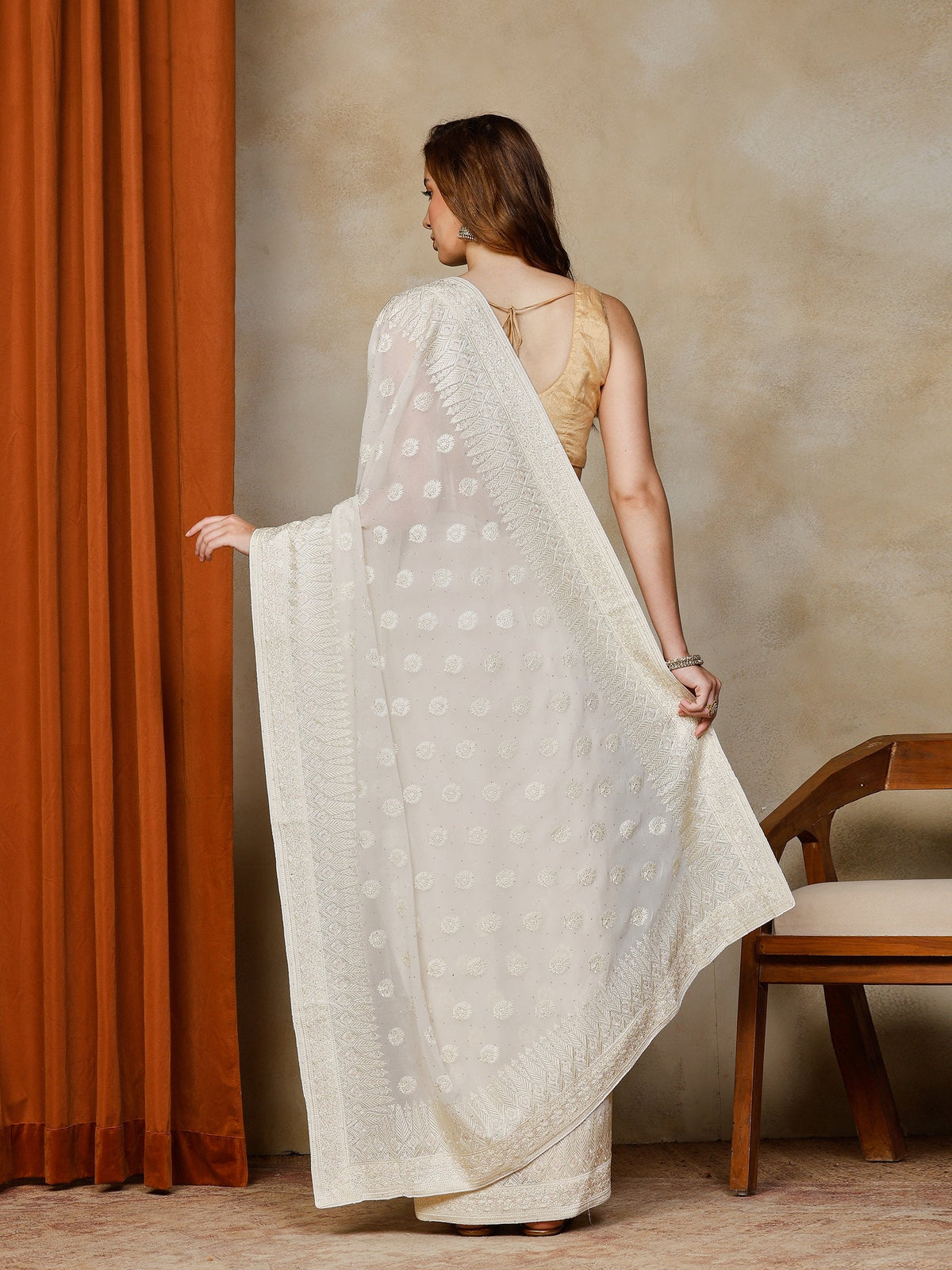 Cream Embroidered Georgette Saree