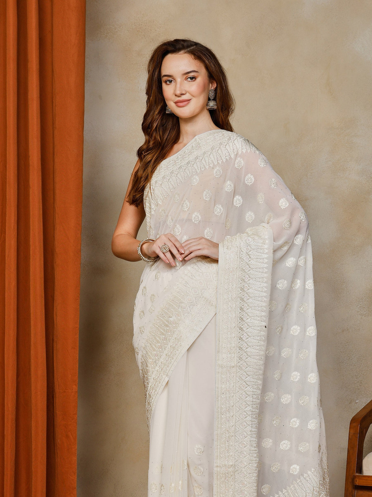 Cream Embroidered Georgette Saree