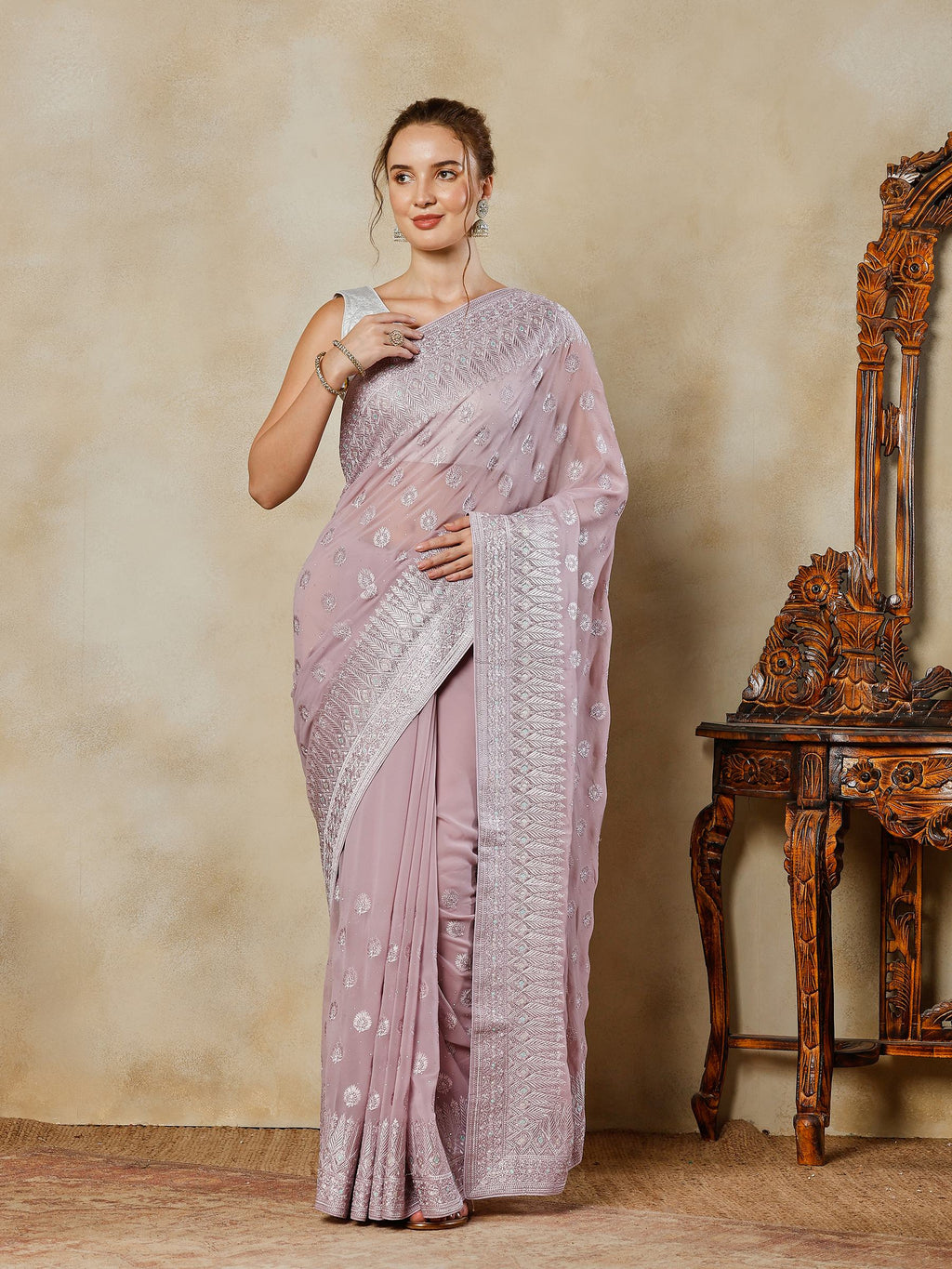 Lavender Embroidered Georgette Saree
