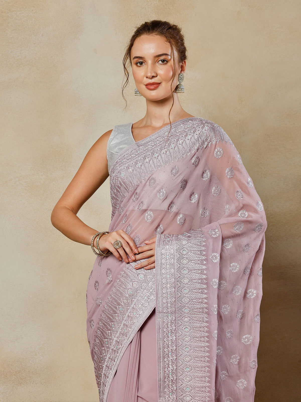 Lavender Embroidered Georgette Saree
