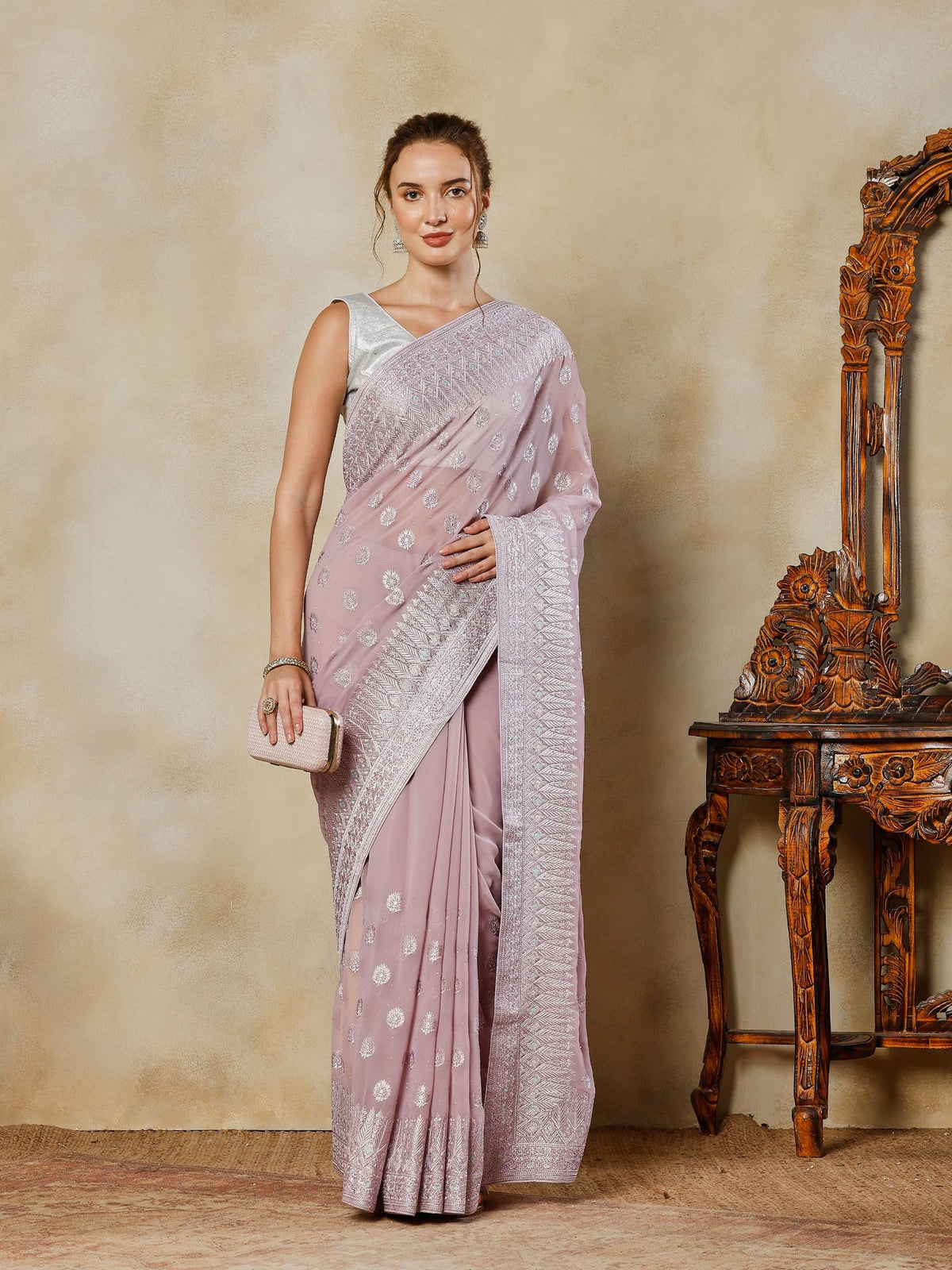Lavender Embroidered Georgette Saree