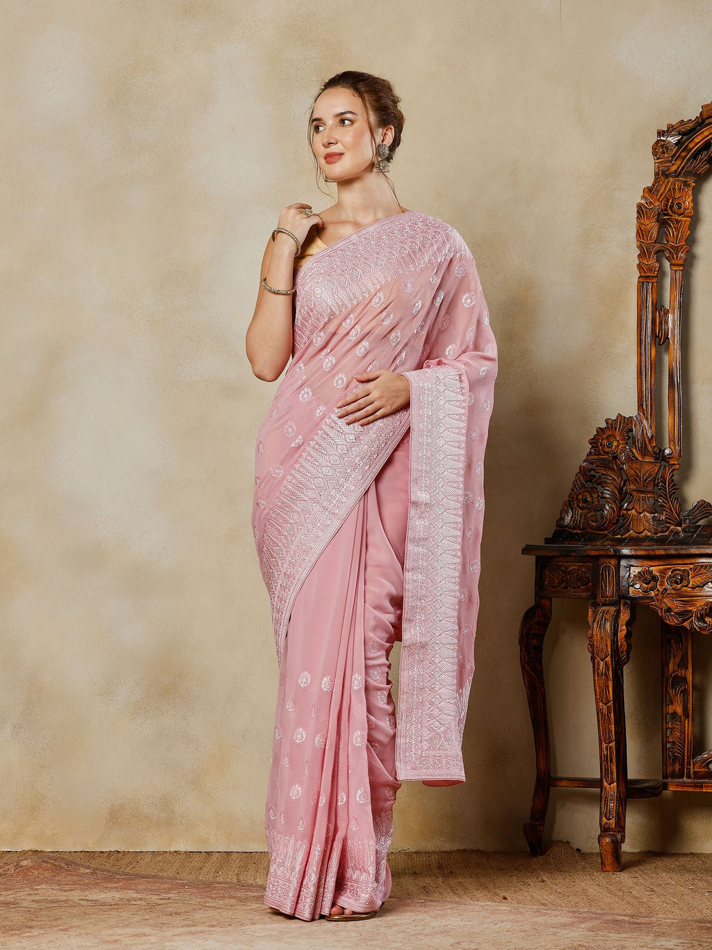 Pink Embroidered Georgette Saree
