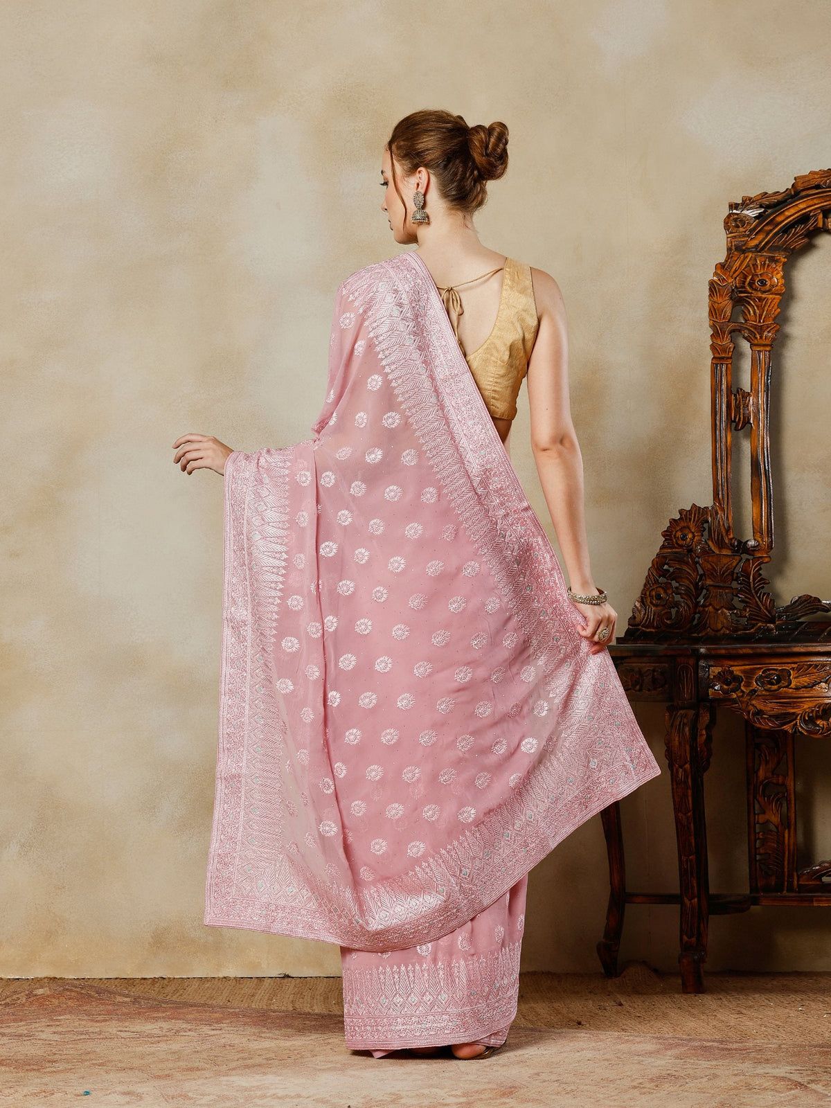 Pink Embroidered Georgette Saree