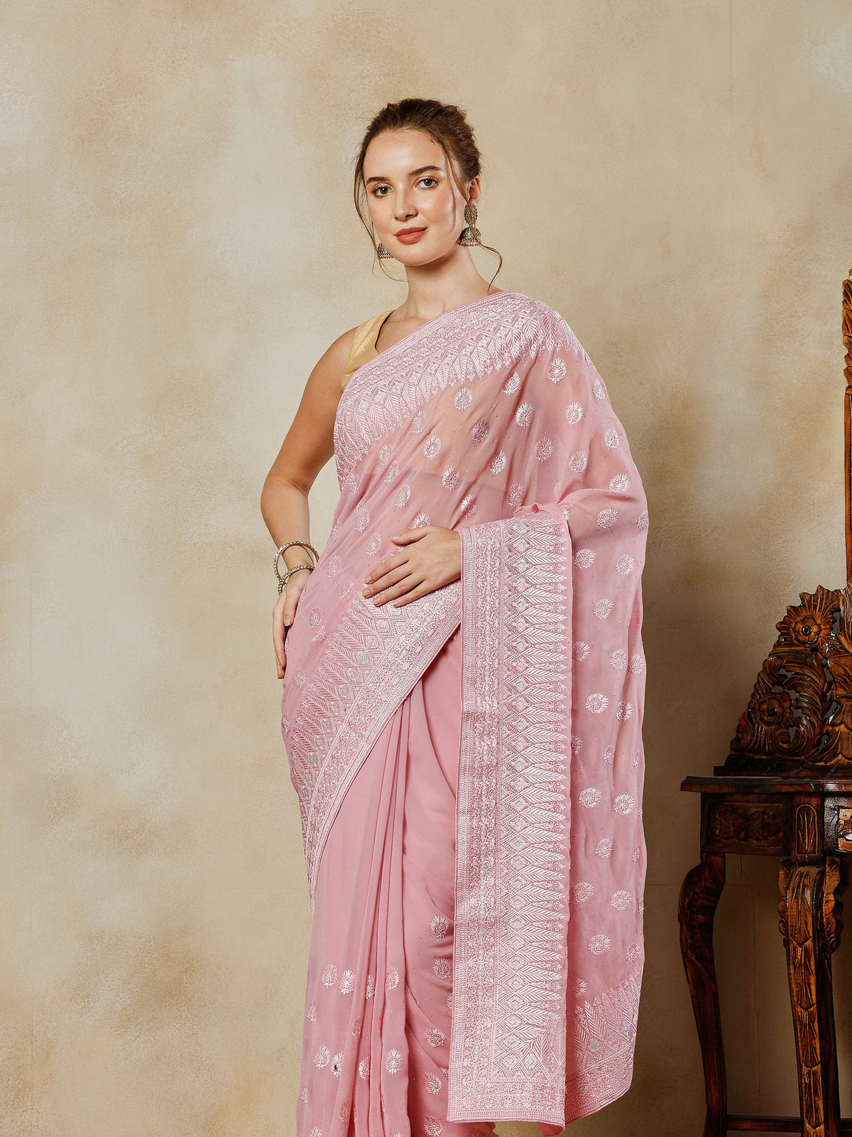Pink Embroidered Georgette Saree