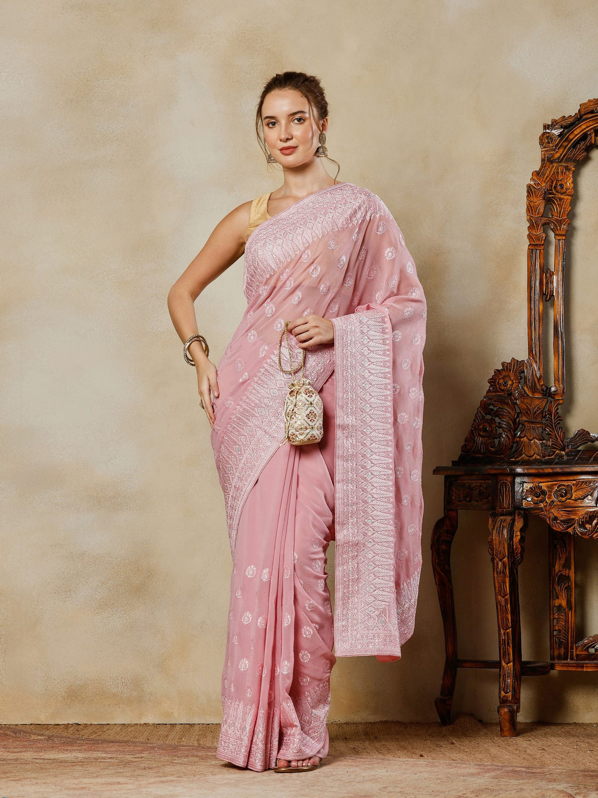 Pink Embroidered Georgette Saree