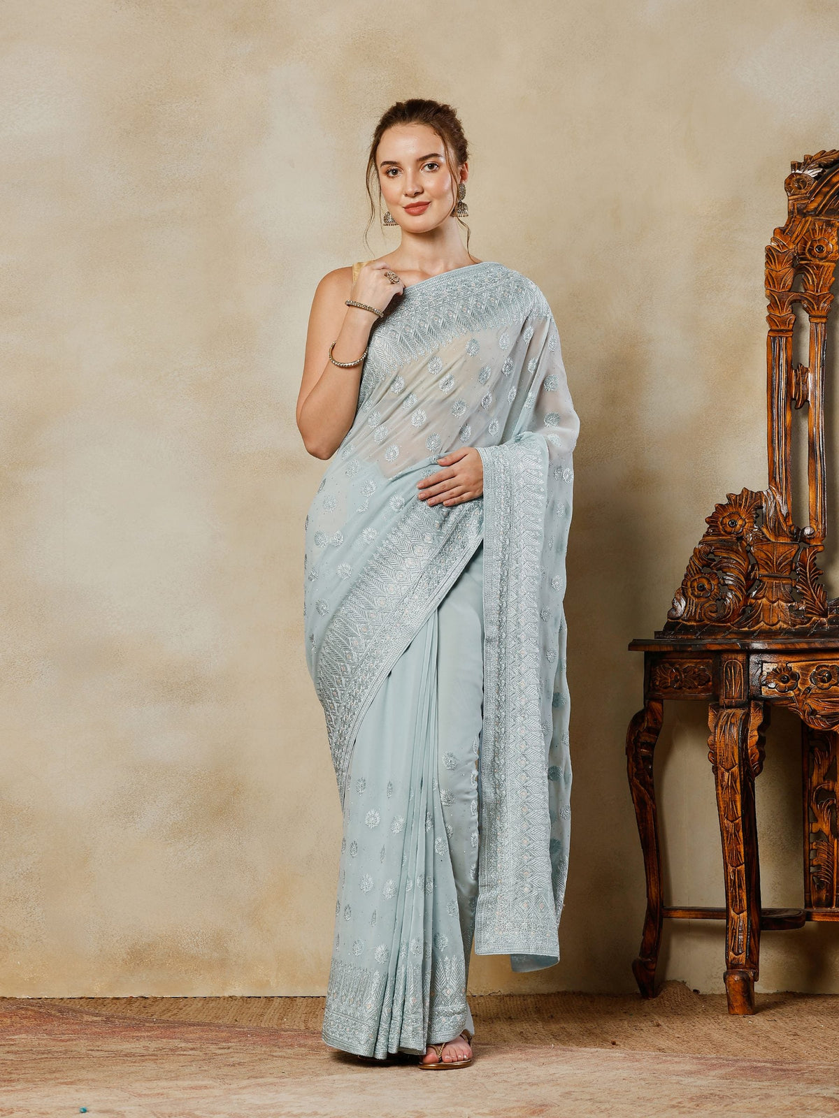 Sky Blue Embroidered Georgette Saree