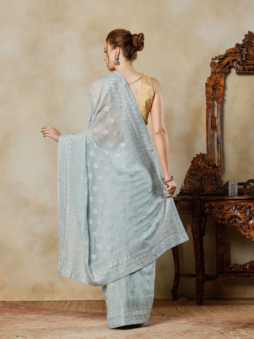 Sky Blue Embroidered Georgette Saree