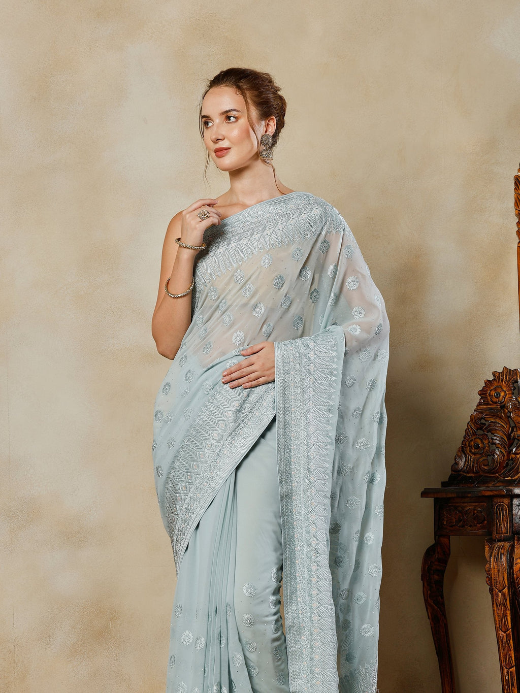 Sky Blue Embroidered Georgette Saree