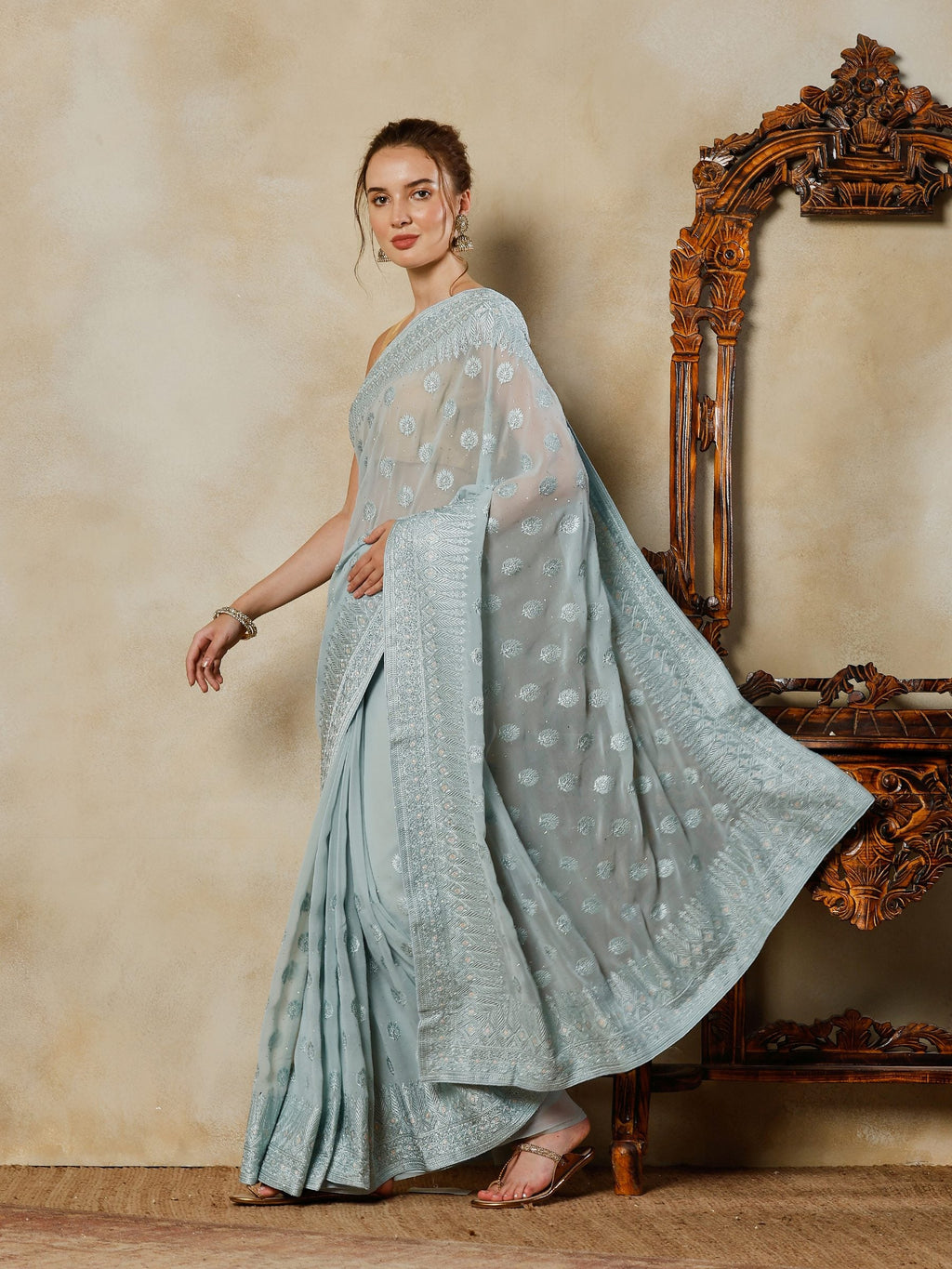 Sky Blue Embroidered Georgette Saree